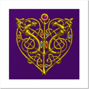 HYPER VALENTINE / GOLD CELTIC KNOT HEART WITH LIZARDS IN PURPLE Posters and Art